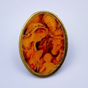 Vintage Baby Jesus Mary Joseph Lamb Nativity Scene lapel Pin Religious